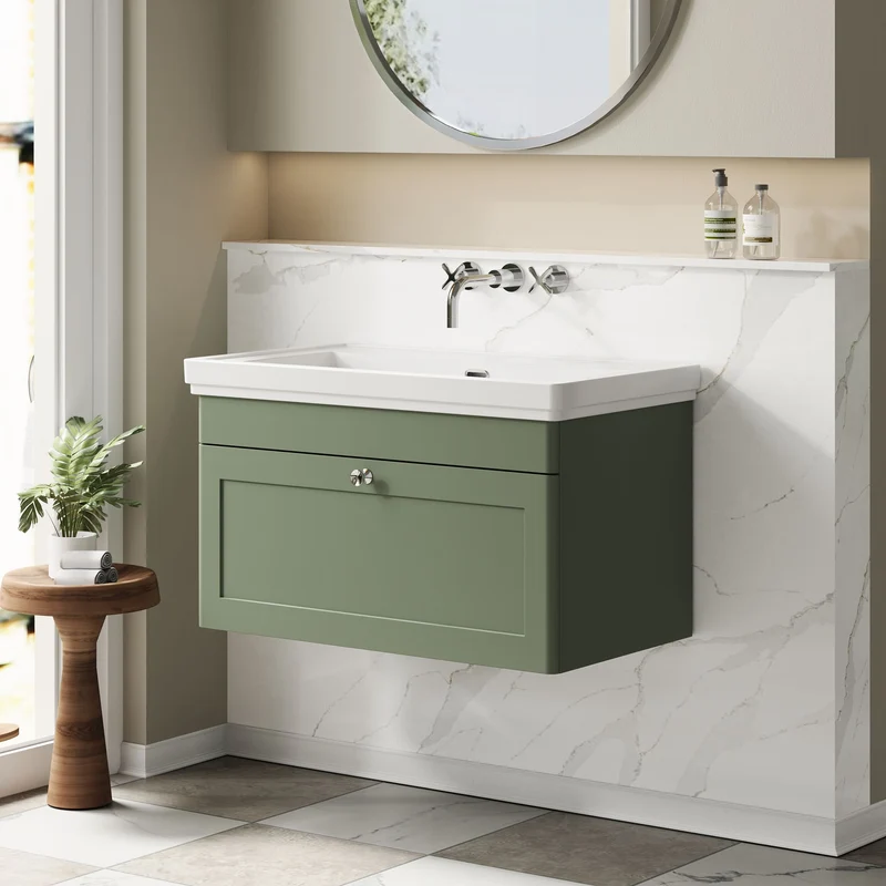Classique 800mm Wall Hung Vanity Unit With 1 Drawer With Fireclay Basin - Satin Green