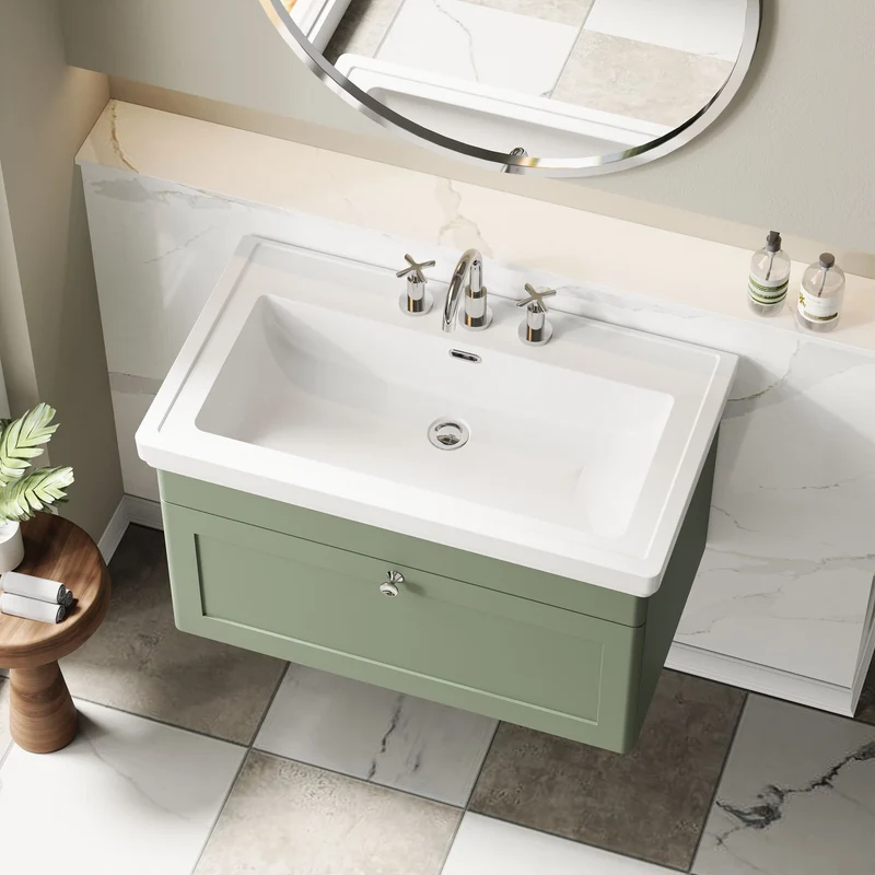 Classique 800mm Wall Hung Vanity Unit With 1 Drawer With Fireclay Basin - Satin Green