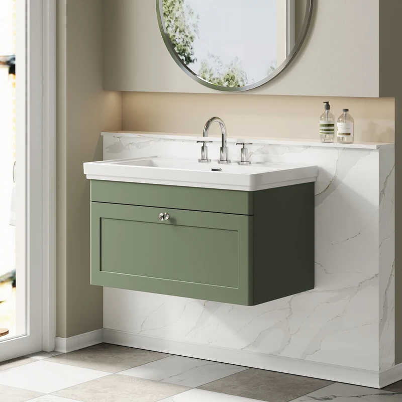 Classique 800mm Wall Hung Vanity Unit With 1 Drawer With Fireclay Basin - Satin Green