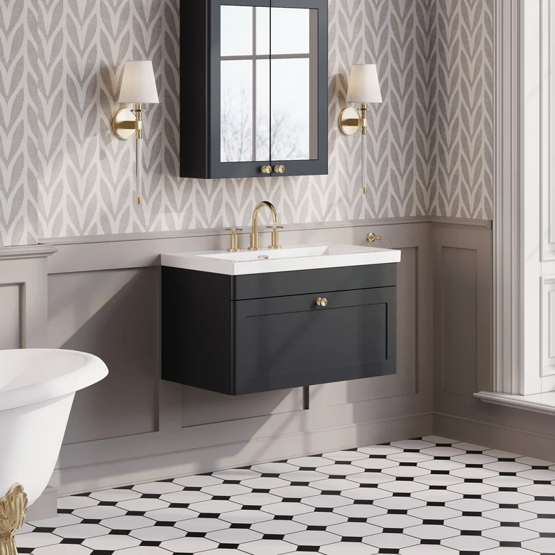 Classique 800mm Wall Hung Vanity Unit With 1 Drawer With Contemporary Basin - Satin Soft Black