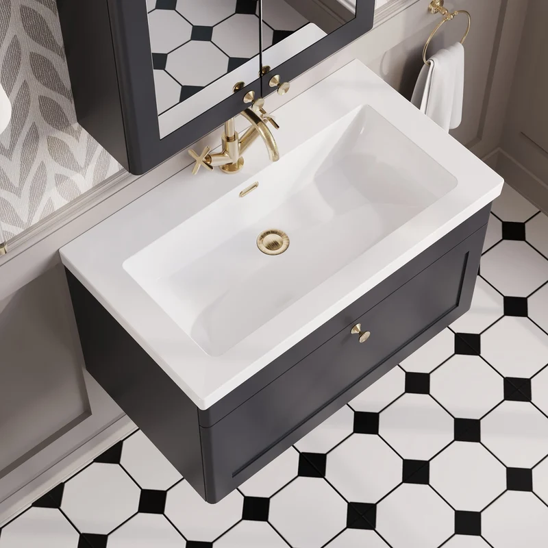 Classique 800mm Wall Hung Vanity Unit With 1 Drawer With Contemporary Basin - Satin Soft Black