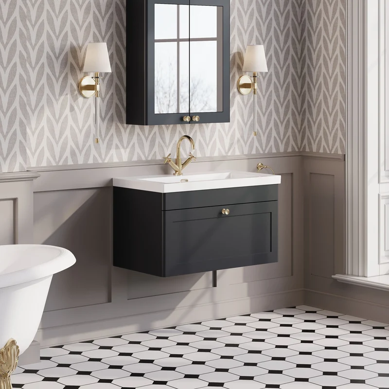 Classique 800mm Wall Hung Vanity Unit With 1 Drawer With Contemporary Basin - Satin Soft Black