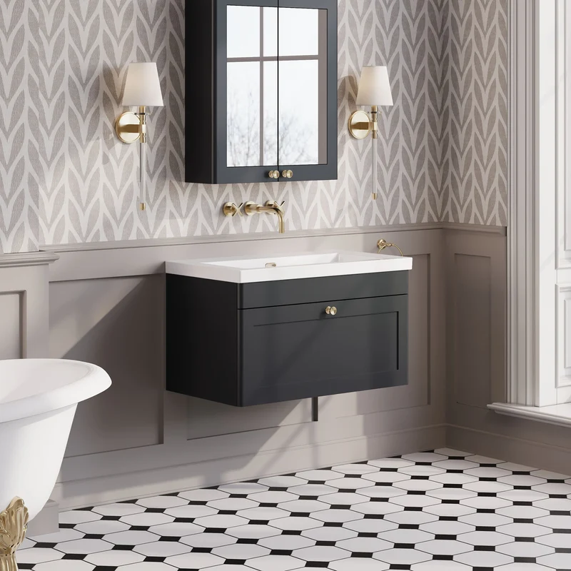Classique 800mm Wall Hung Vanity Unit With 1 Drawer With Contemporary Basin - Satin Soft Black