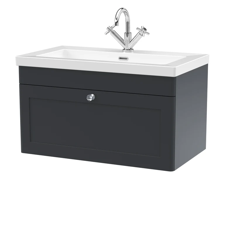 Classique 800mm Wall Hung Vanity Unit With 1 Drawer With Contemporary Basin - Satin Soft Black