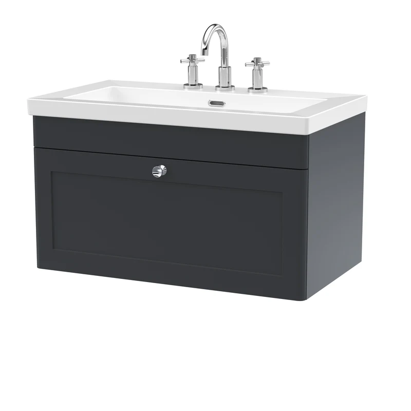 Classique 800mm Wall Hung Vanity Unit With 1 Drawer With Contemporary Basin - Satin Soft Black