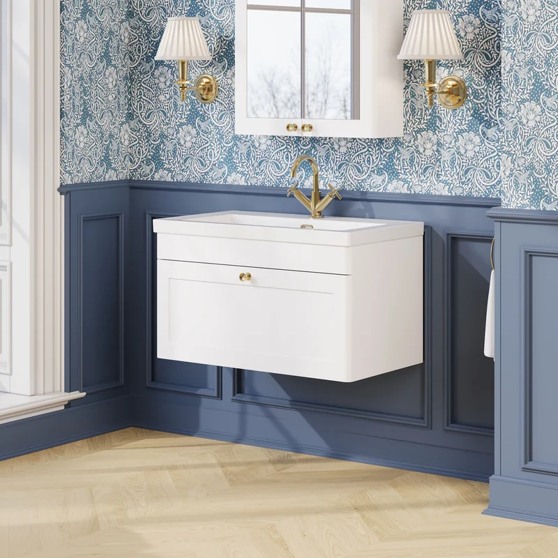 Classique 800mm Wall Hung Vanity Unit With 1 Drawer With Contemporary Basin - Satin White