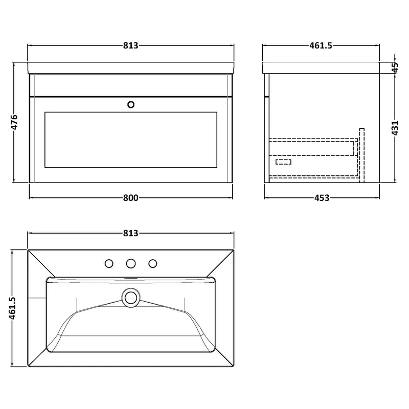 Classique 800mm Wall Hung Vanity Unit With 1 Drawer With Contemporary Basin - Satin White