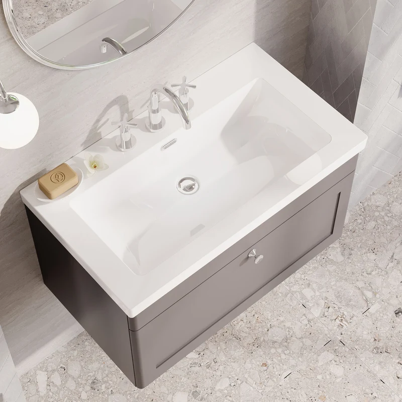 Classique 800mm Wall Hung Vanity Unit With 1 Drawer With Contemporary Basin - Satin Grey
