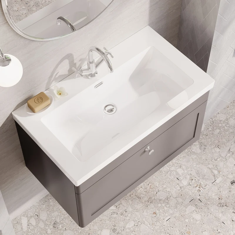Classique 800mm Wall Hung Vanity Unit With 1 Drawer With Contemporary Basin - Satin Grey