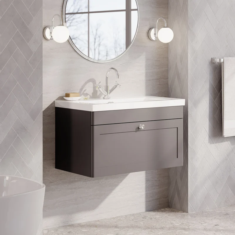 Classique 800mm Wall Hung Vanity Unit With 1 Drawer With Contemporary Basin - Satin Grey