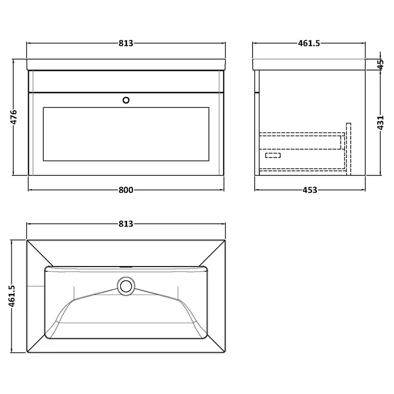 Classique 800mm Wall Hung Vanity Unit With 1 Drawer With Contemporary Basin - Satin Grey