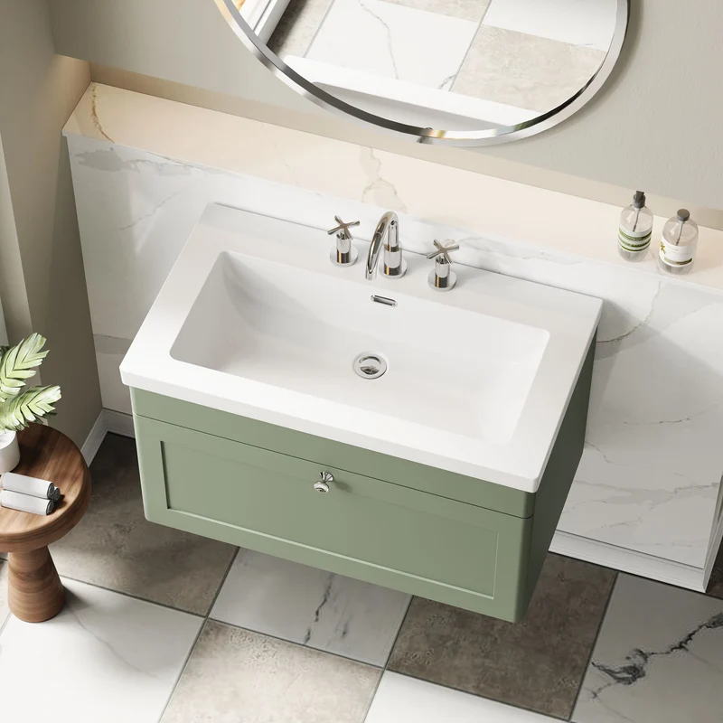Classique 800mm Wall Hung Vanity Unit With 1 Drawer With Contemporary Basin - Satin Green