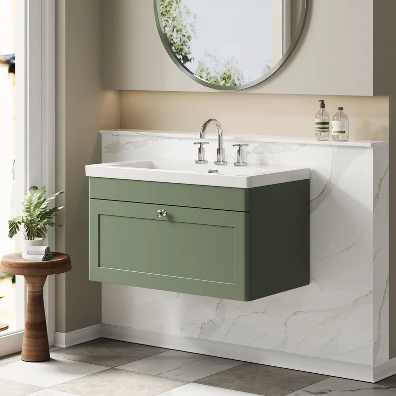 Classique 800mm Wall Hung Vanity Unit With 1 Drawer With Contemporary Basin - Satin Green