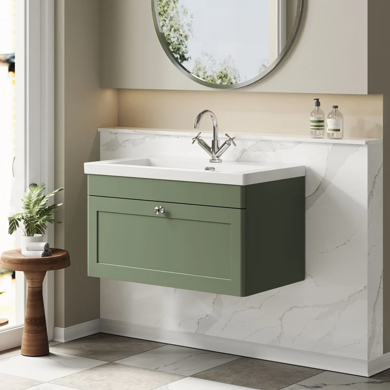 Classique 800mm Wall Hung Vanity Unit With 1 Drawer With Contemporary Basin - Satin Green