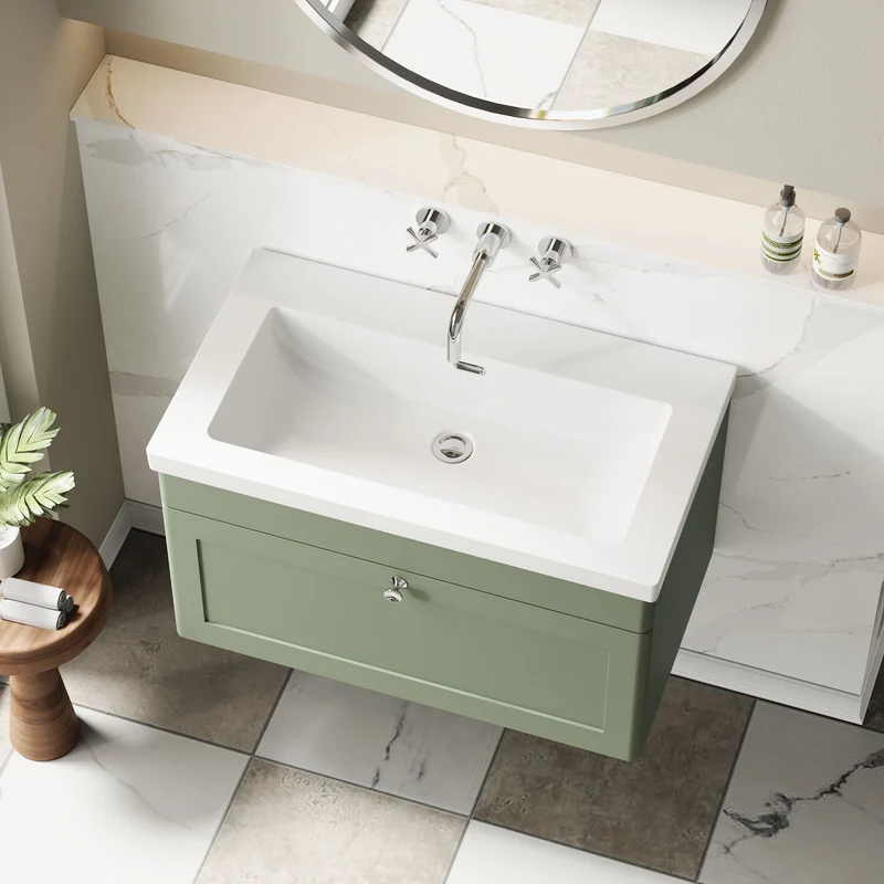 Classique 800mm Wall Hung Vanity Unit With 1 Drawer With Contemporary Basin - Satin Green
