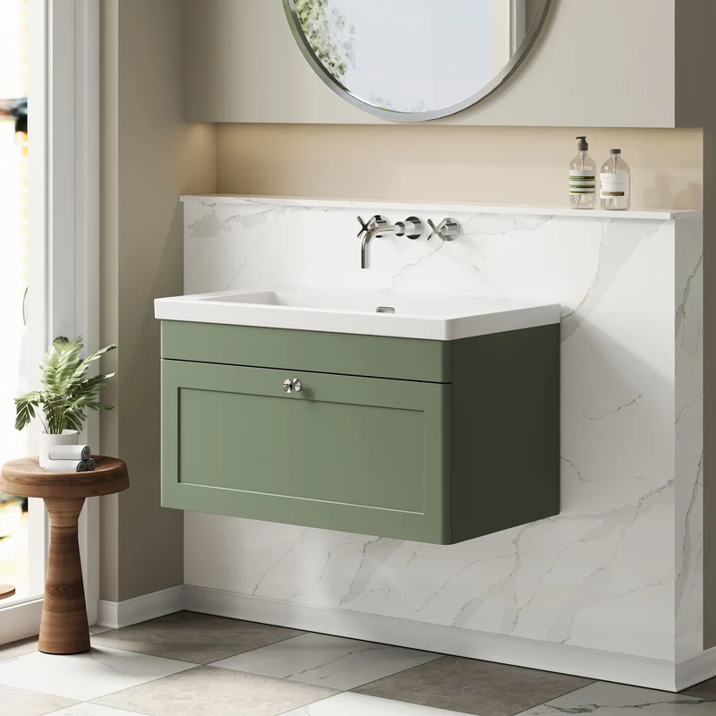 Classique 800mm Wall Hung Vanity Unit With 1 Drawer With Contemporary Basin - Satin Green