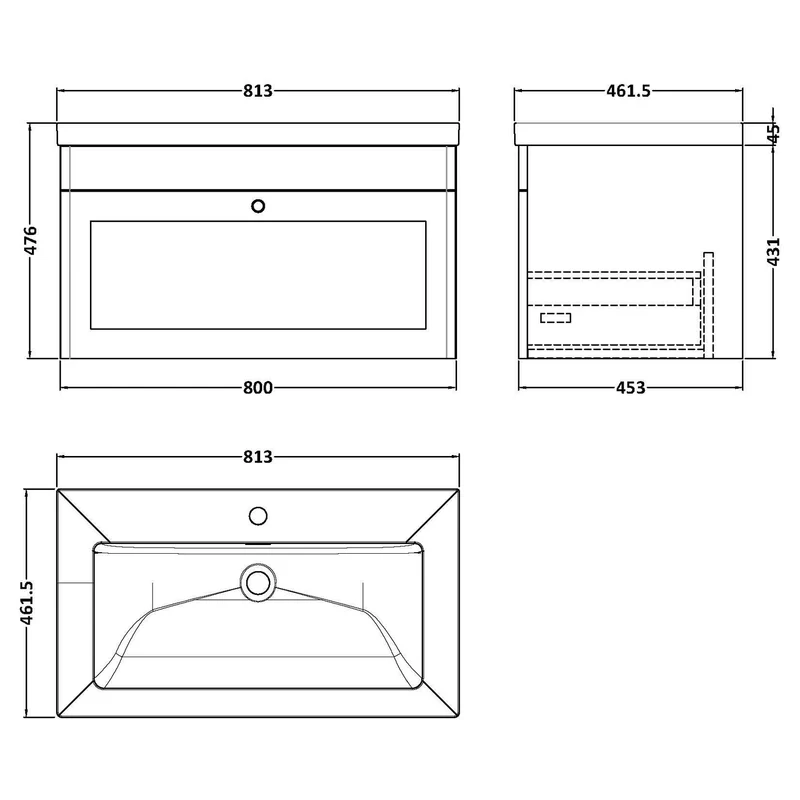 Classique 800mm Wall Hung Vanity Unit With 1 Drawer With Contemporary Basin - Satin Green