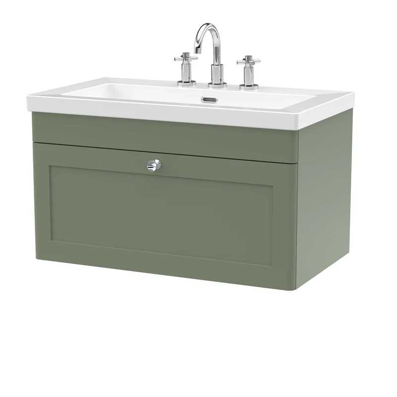 Classique 800mm Wall Hung Vanity Unit With 1 Drawer With Contemporary Basin - Satin Green