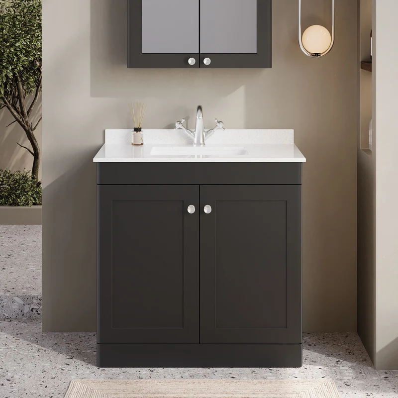 Classique 800mm Floor Standing Vanity Unit With 2 Doors With White Marble Worktop With Square Basin - Satin Soft Black