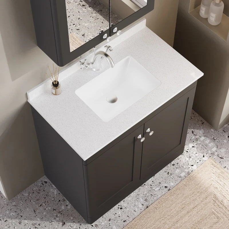 Classique 800mm Floor Standing Vanity Unit With 2 Doors With White Marble Worktop With Square Basin - Satin Soft Black
