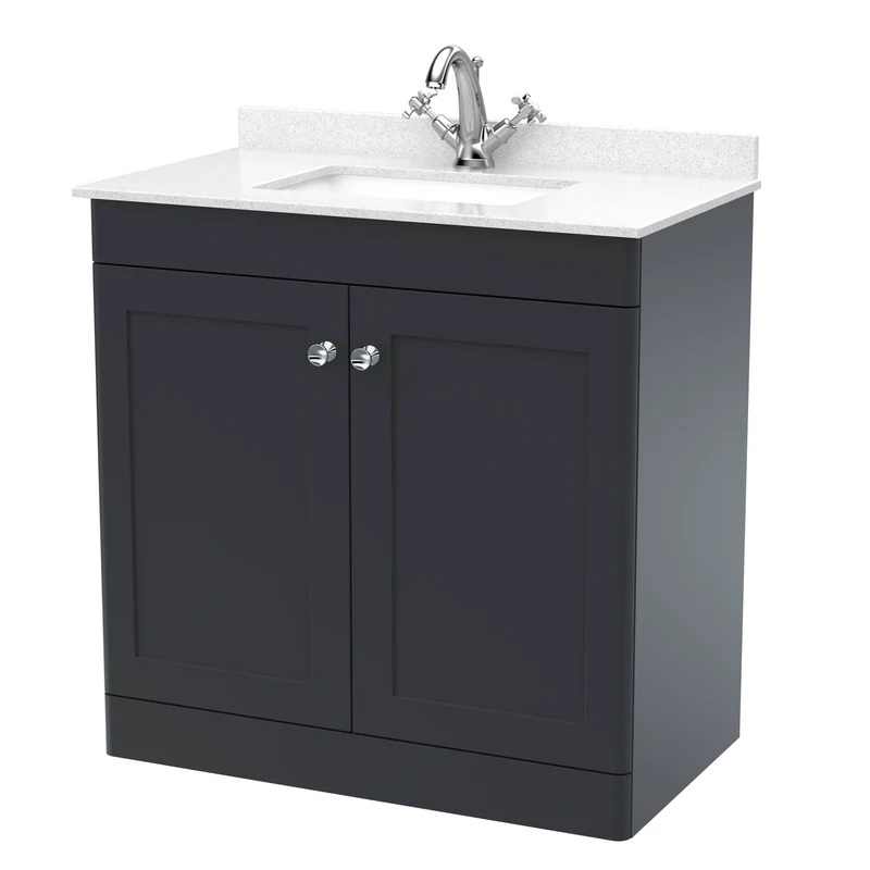 Classique 800mm Floor Standing Vanity Unit With 2 Doors With White Marble Worktop With Square Basin - Satin Soft Black