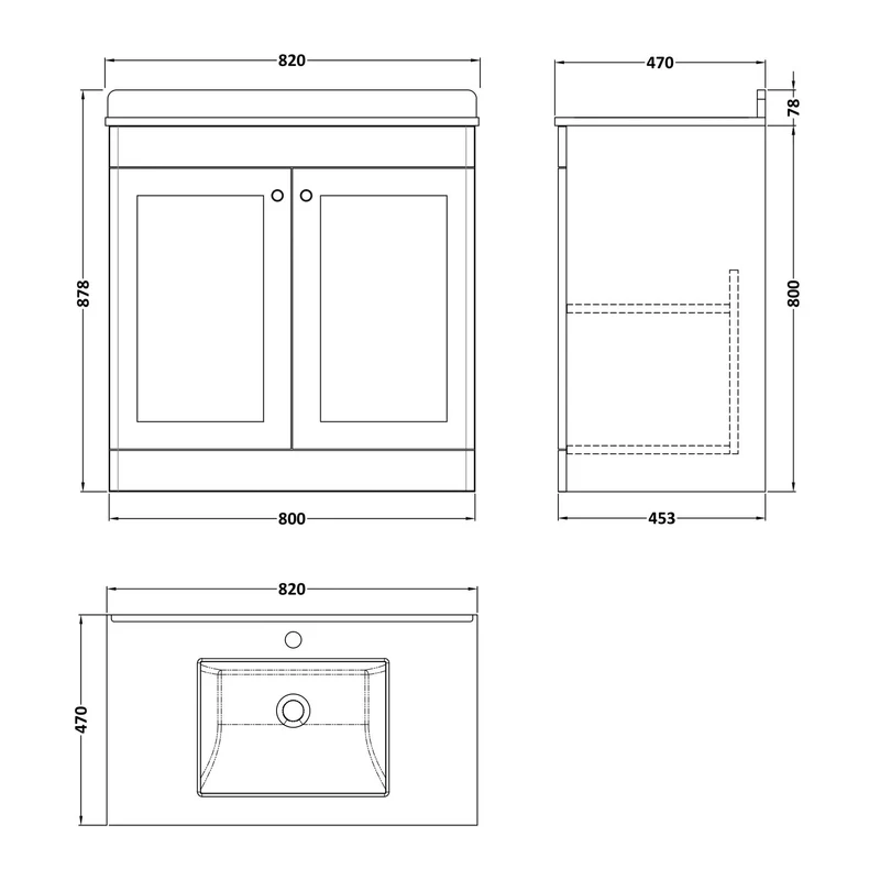 Classique 800mm Floor Standing Vanity Unit With 2 Doors With White Marble Worktop With Square Basin - Satin Soft Black