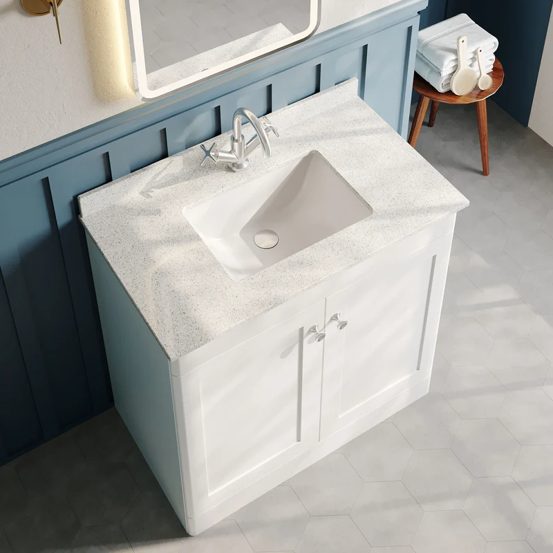 Classique 800mm Floor Standing Vanity Unit With 2 Doors With White Marble Worktop With Square Basin - Satin White