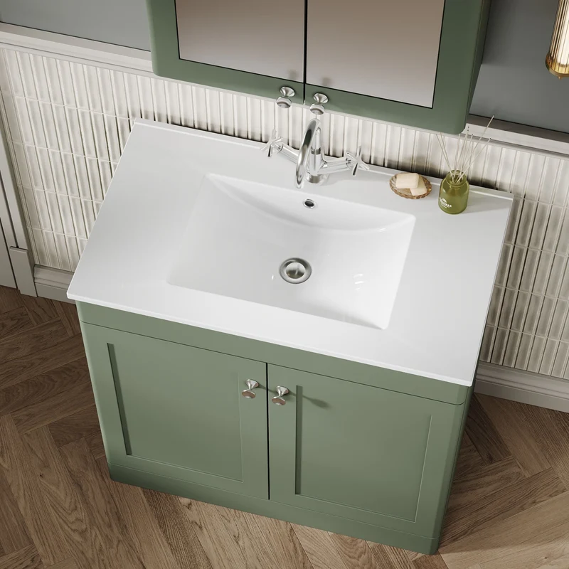 Classique 800mm Floor Standing Vanity Unit With 2 Doors With Minimalist Ceramic Basin - Satin Green