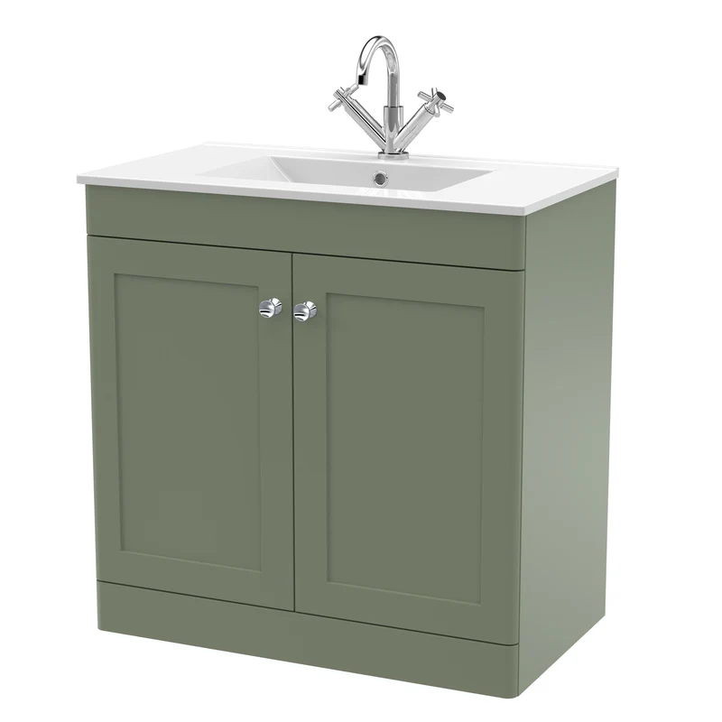 Classique 800mm Floor Standing Vanity Unit With 2 Doors With Minimalist Ceramic Basin - Satin Green