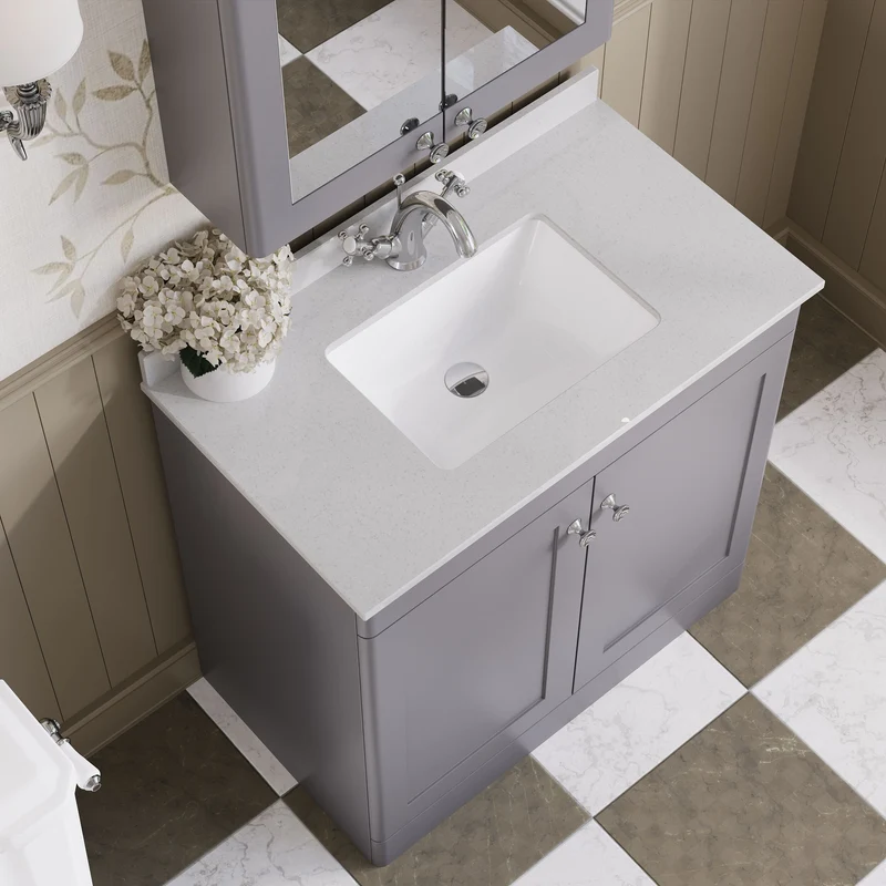 Classique 800mm Floor Standing Vanity Unit With 2 Doors With White Marble Worktop With Square Basin - Satin Grey