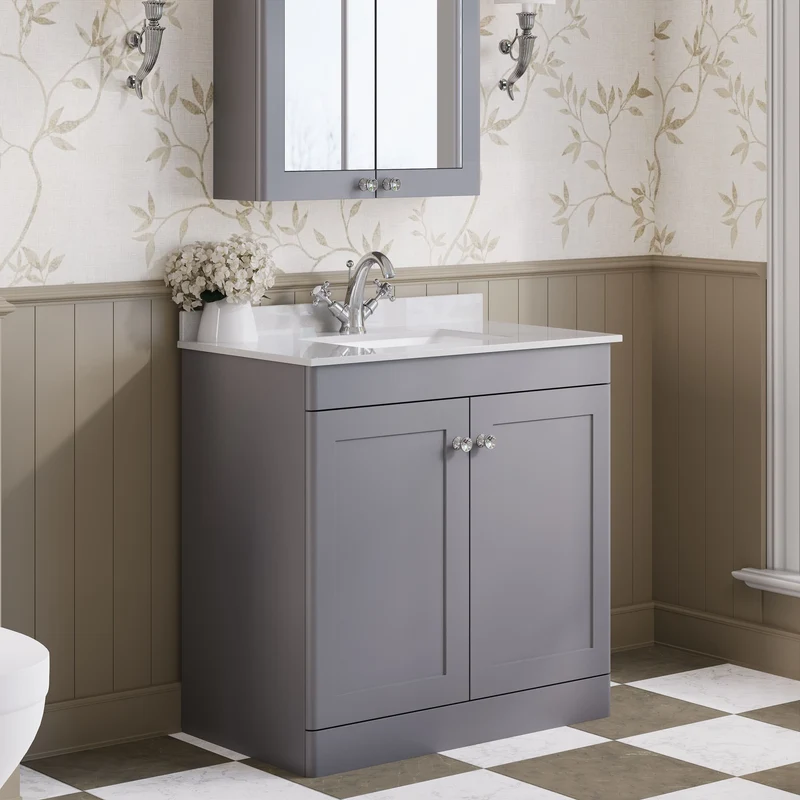 Classique 800mm Floor Standing Vanity Unit With 2 Doors With White Marble Worktop With Square Basin - Satin Grey
