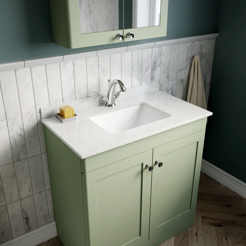Classique 800mm Floor Standing Vanity Unit With 2 Doors With White Marble Worktop With Square Basin - Satin Green
