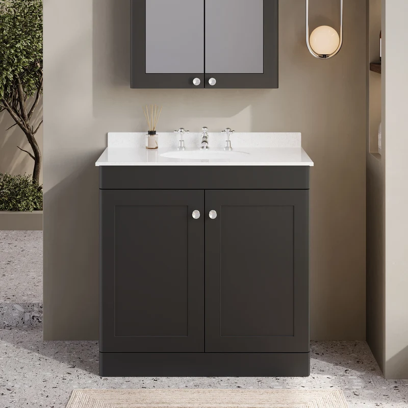 Classique 800mm Floor Standing Vanity Unit With 2 Doors With White Marble Worktop With Round Basin - Satin Soft Black