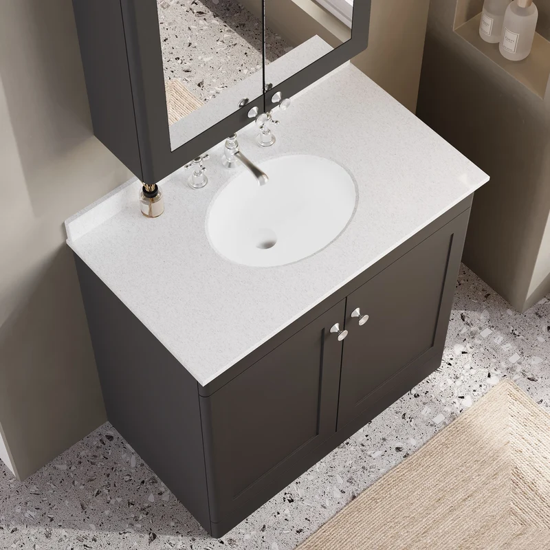 Classique 800mm Floor Standing Vanity Unit With 2 Doors With White Marble Worktop With Round Basin - Satin Soft Black