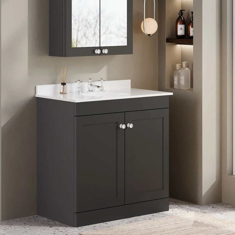 Classique 800mm Floor Standing Vanity Unit With 2 Doors With White Marble Worktop With Round Basin - Satin Soft Black