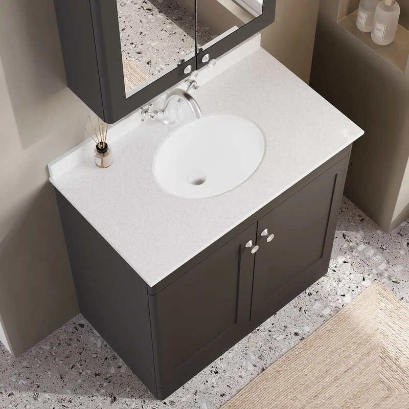 Classique 800mm Floor Standing Vanity Unit With 2 Doors With White Marble Worktop With Round Basin - Satin Soft Black