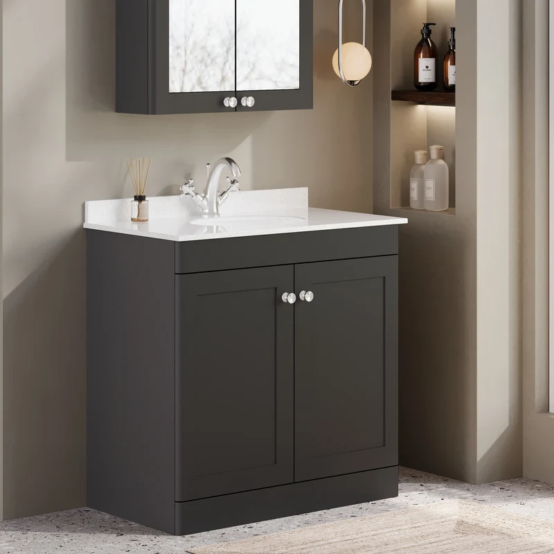 Classique 800mm Floor Standing Vanity Unit With 2 Doors With White Marble Worktop With Round Basin - Satin Soft Black