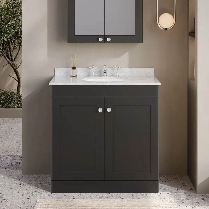 Classique 800mm Floor Standing Vanity Unit With 2 Doors With Grey Marble Worktop With Round Basin - Satin Soft Black
