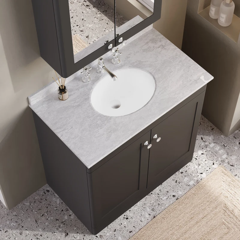 Classique 800mm Floor Standing Vanity Unit With 2 Doors With Grey Marble Worktop With Round Basin - Satin Soft Black