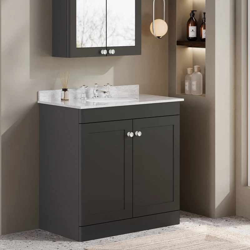 Classique 800mm Floor Standing Vanity Unit With 2 Doors With Grey Marble Worktop With Round Basin - Satin Soft Black