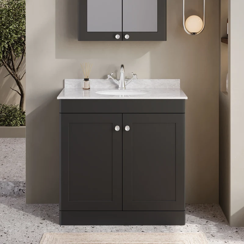 Classique 800mm Floor Standing Vanity Unit With 2 Doors With Grey Marble Worktop With Round Basin - Satin Soft Black