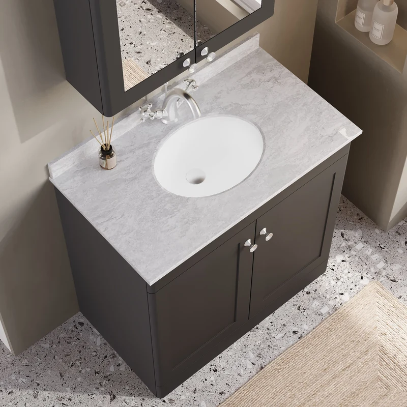 Classique 800mm Floor Standing Vanity Unit With 2 Doors With Grey Marble Worktop With Round Basin - Satin Soft Black