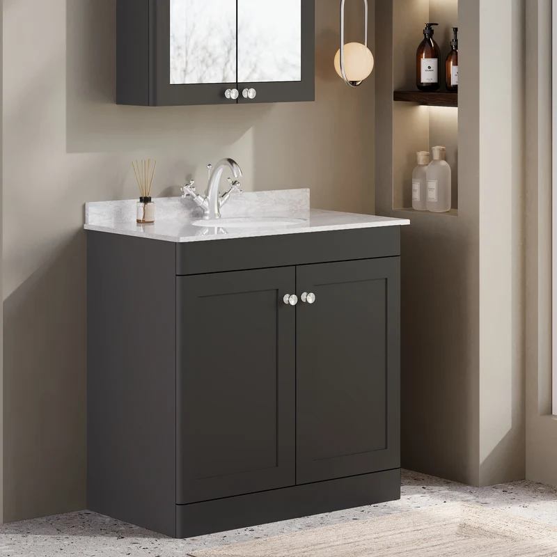 Classique 800mm Floor Standing Vanity Unit With 2 Doors With Grey Marble Worktop With Round Basin - Satin Soft Black
