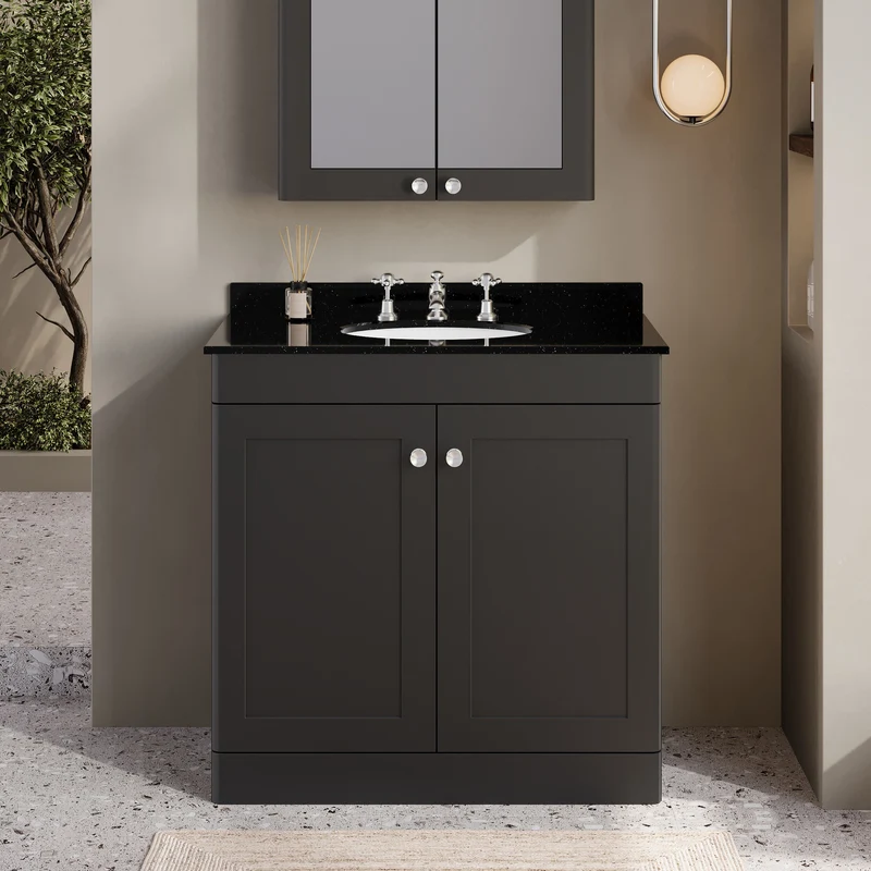 Classique 800mm Floor Standing Vanity Unit With 2 Doors With Black Marble Worktop With Round Basin - Satin Soft Black