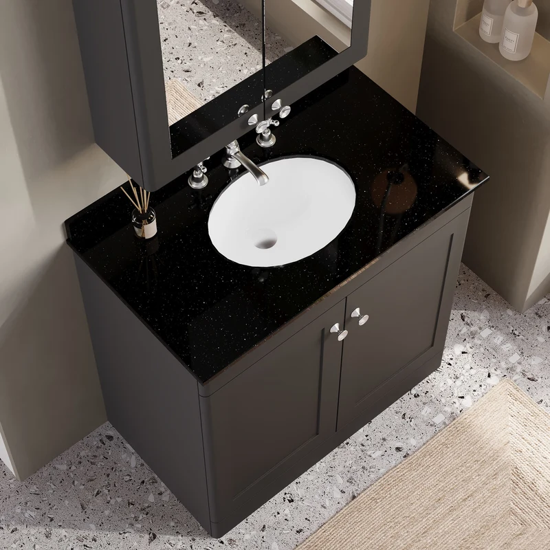 Classique 800mm Floor Standing Vanity Unit With 2 Doors With Black Marble Worktop With Round Basin - Satin Soft Black