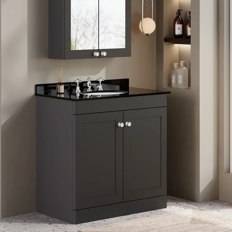Classique 800mm Floor Standing Vanity Unit With 2 Doors With Black Marble Worktop With Round Basin - Satin Soft Black