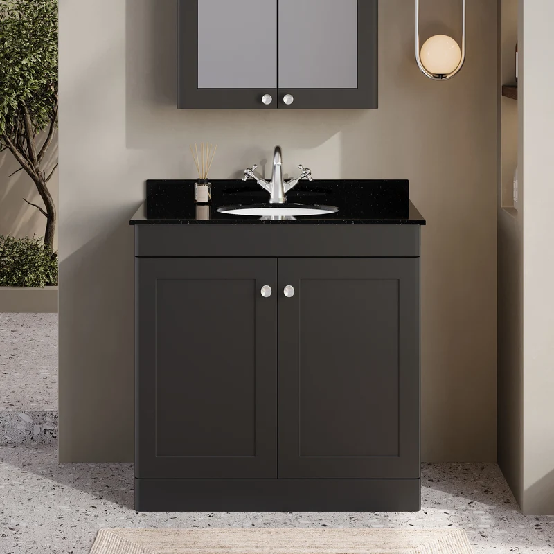 Classique 800mm Floor Standing Vanity Unit With 2 Doors With Black Marble Worktop With Round Basin - Satin Soft Black