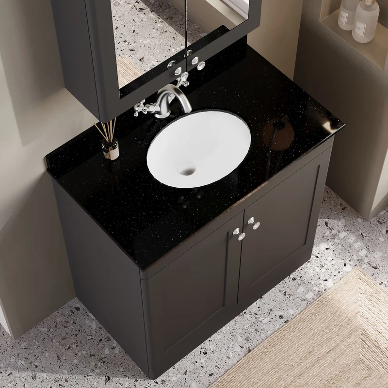Classique 800mm Floor Standing Vanity Unit With 2 Doors With Black Marble Worktop With Round Basin - Satin Soft Black