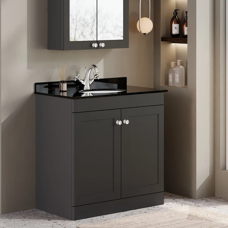 Classique 800mm Floor Standing Vanity Unit With 2 Doors With Black Marble Worktop With Round Basin - Satin Soft Black