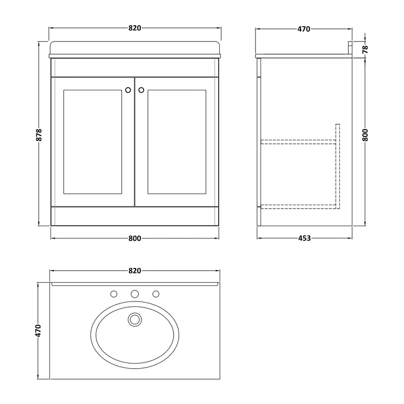 Classique 800mm Floor Standing Vanity Unit With 2 Doors With Black Marble Worktop With Round Basin - Satin Soft Black